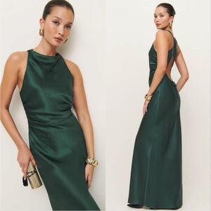 New! NWOT Reformation Anaiis Silk Open Back Gown Maxi Dress Dark Forest Green 0